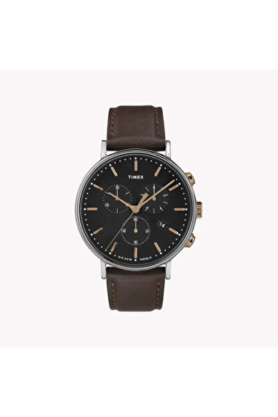 Timex Men's Brown Leather Watch, Black Dial | Tw2t11500