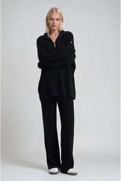 Lijuri Zip Collar Long Knitwear Tunic & Wide Leg Pants Set 10318