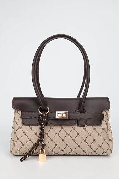 NOTHING Women's Monogram Mink Brown Leather Belted Charm Detailed Covered Han...