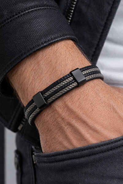 VAOOV Four Rows of Black Leather Men's Bracelet with Steel Rope Detail