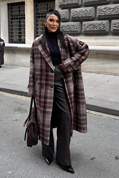 Lijuri Double Button Closure Plaid Patterned Cashmere Coat 7141