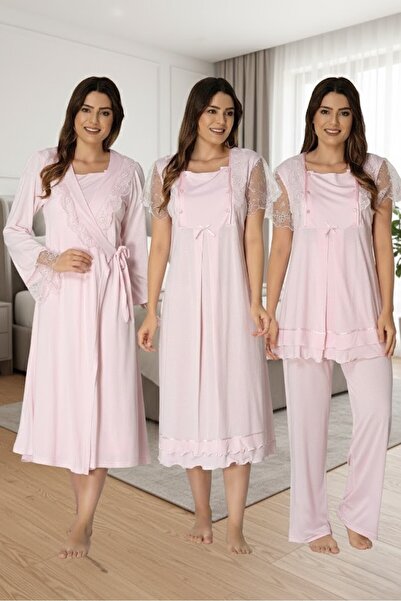 Lohusa Homewear Women's Pink Elegant Lace Detailed Short Sleeve Buttoned Dres...