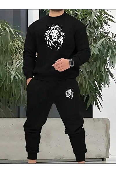 tkn your style Men's Bottom-Up Set Lion Print Design Crew Neck Sweatshirt