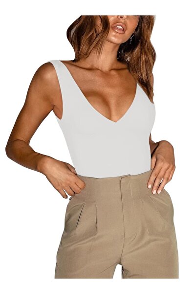 REORIA Women's Bodysuit, REORIA, Deep V Neckline, Double Padded, White