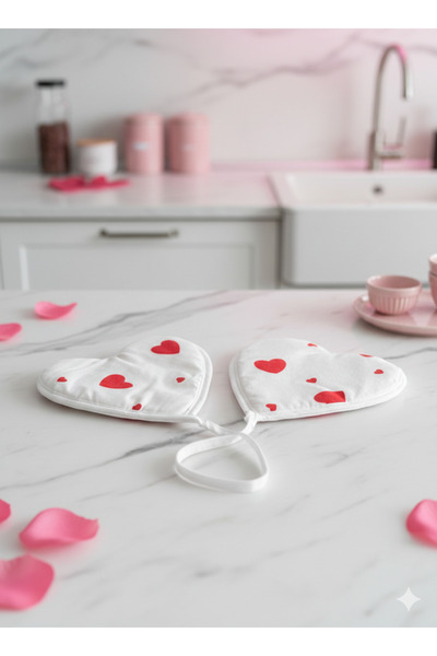 FERAY TEXTILE Sevgililer Günü Kalp Desenli Tencere & Fırın Tutacağı