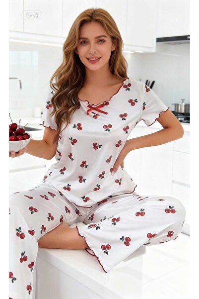 NiCe İç Giyim Women's Cherry Patterned Comfortable Pajama Set Daily Seasonal
