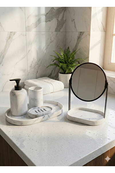 RİVO HOME DECOR The Mia Marble Bathroom and Makeup Set White Tray + Mirror + ...