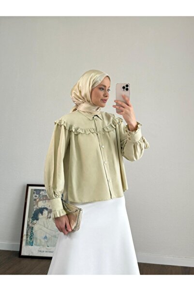 Trenddolabı Kadın Etek Üstü Fırfırlı Tesettür Kısa Gömlek