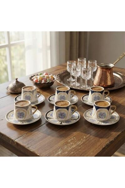 Yıldızan Lüks 6 Kişilik Porselen Türk Kahvesi Fincan Takımı, Altın Yaldızlı v...