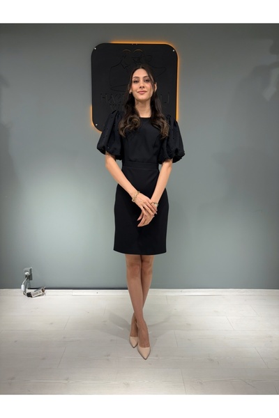 Bianco Siyah Balon Kol Midi Elbise