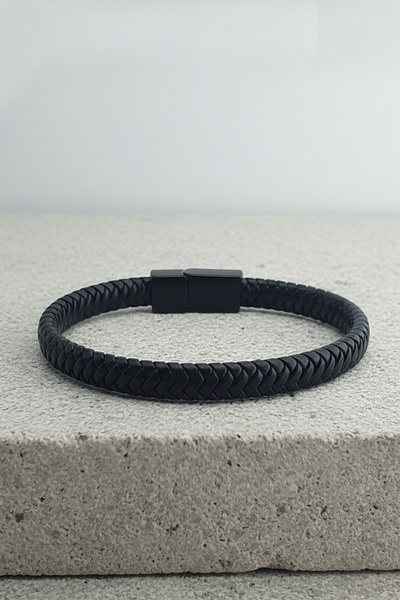 VAOOV Braided Patterned Genuine Leather Men's Bracelet – Black Minimalist Design