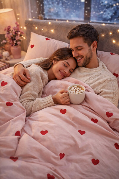 Asilex Home Collection Σετ μονόχρωμο με ροζ σχέδιο καρδιάς, με ελαστικά σεντό...