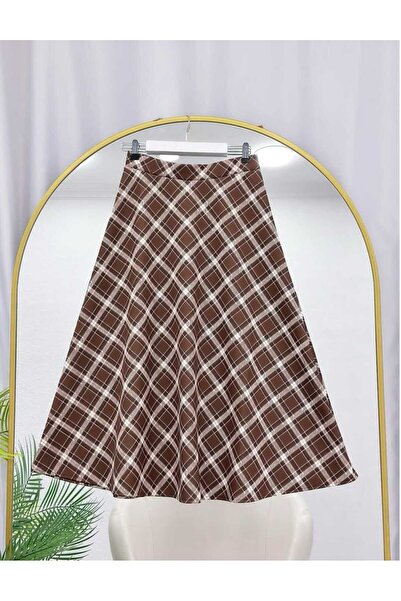 MODA VEDAT Women's Plaid Patterned Puff Scuba Fabric Skirt -0300