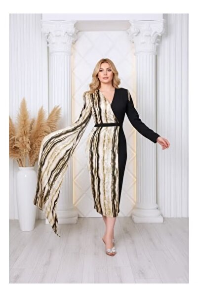 FULLJOY A stylish printed stretch crepe dress with long sleeves and a waist b...