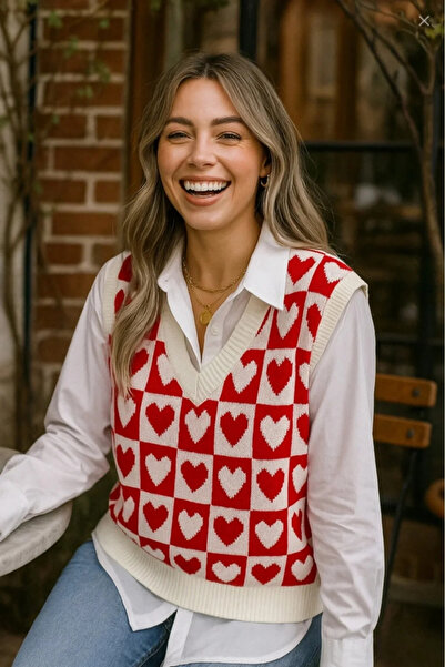 bysoca Women's Red Cream Heart Patterned V-Neck Checkered Soft Textured Knit ...