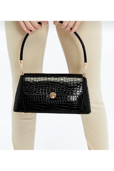 ÖZAR STORE Marla Vintage Tasarımlı Krokodil Desenli Parlak Siyah Yeni Sezon E...