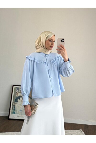 Trenddolabı Kadın Etek Üstü Fırfırlı Tesettür Kısa Gömlek