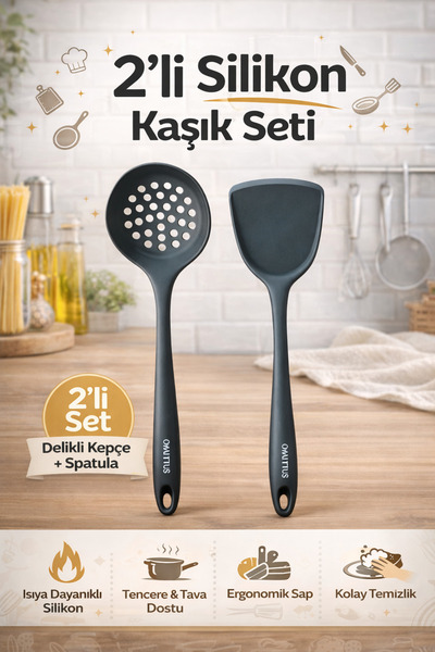 Single ( 2 Li Set ) Sert Uçlu Isıya Dayanıklı Kevgir Spatula Kaşık Setimiz Ya...