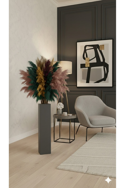 Krb Ahsap Antrasit Gri Ahşap Pampas Vazosu - 50 cm Pampaslar Dahil Değildir