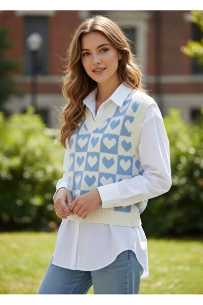 bysoca Women's Blue Cream Heart Patterned V-Neck Checkered Soft Textured Knit...