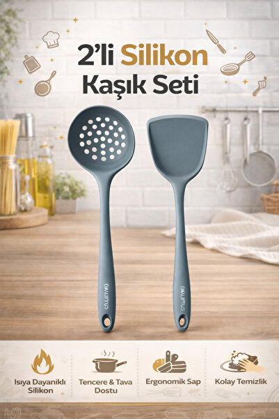 Single ( 2 Li Set ) Sert Uçlu Isıya Dayanıklı Kevgir Spatula Kaşık Setimiz Ya...