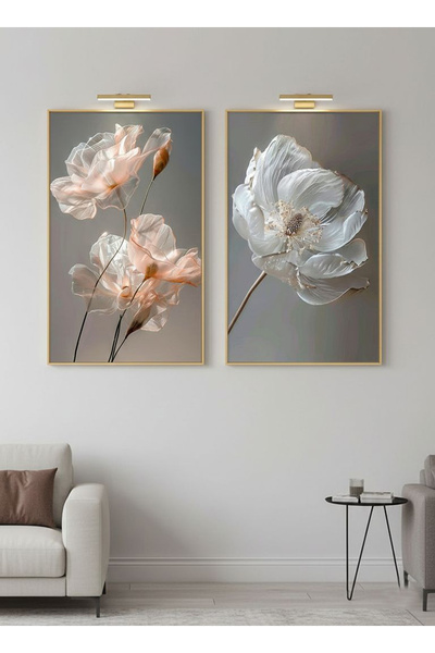 Linacci 2li Gold Metal Çerçeve Gri Çiçek Camlı Poster Tablo Seti