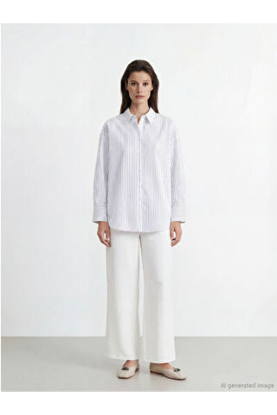 LC Waikiki M1 Season White Wide Leg Women's Trousers with Elastic Waist