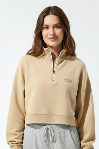 HepsitrentStore Dark Cream Half-Zip Collar Comfort Sweatshirt