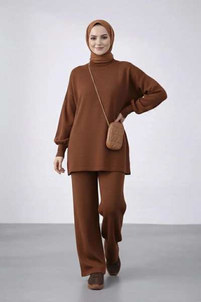 MetuCA Women's Bitter Brown Balloon Sleeve Oversize Knitwear Tunic Trousers D...