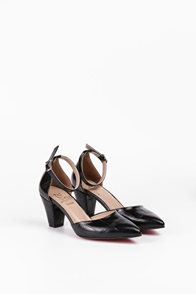 Extra Shoes İstanbul Black Leather Crocodile Ankle Strap Thick Heeled Women's...