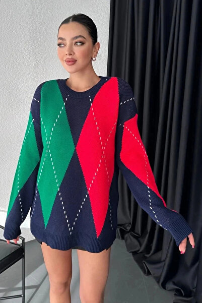 bysoca Women's Navy Blue Red Green Diamond Patterned Crew Neck Soft Oversize ...