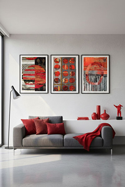 Linacci Triple Black Metal Red White Design Poster Glass Table Set