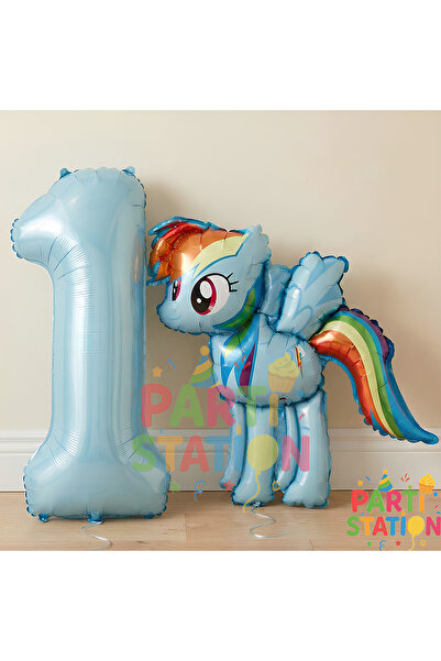Parti Station My Little Pony Konsept Rainbow Dash Balon ve 1 Yaş Mavi Rakam B...