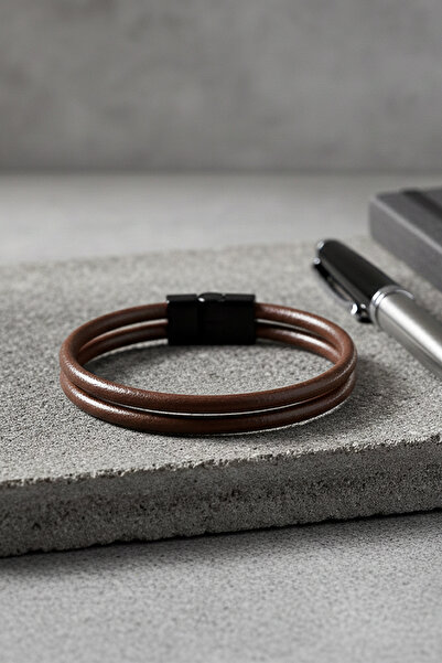 VAOOV Double Row Brown Leather Men's Bracelet