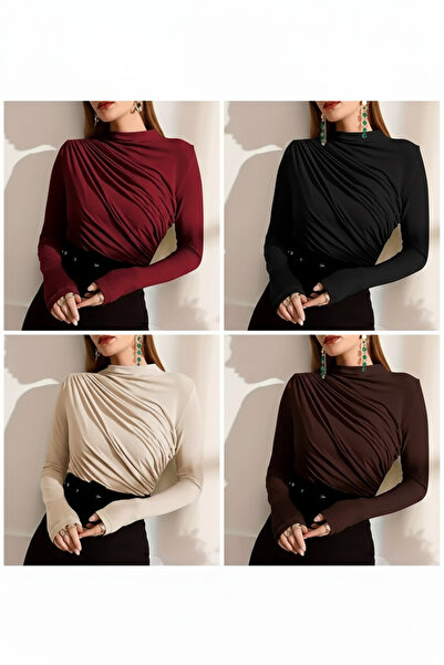 unika boutique بلوزة نسائية سوداء بتفاصيل مزركشة وياقة عالية، عبوة من 4 قطع، ...