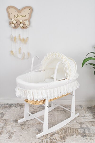 WASL ALKHAIR مهد مواليد سلة موسى خسف قماش لون أوف وايت بتصميم أنيق مع قاعدة خ...