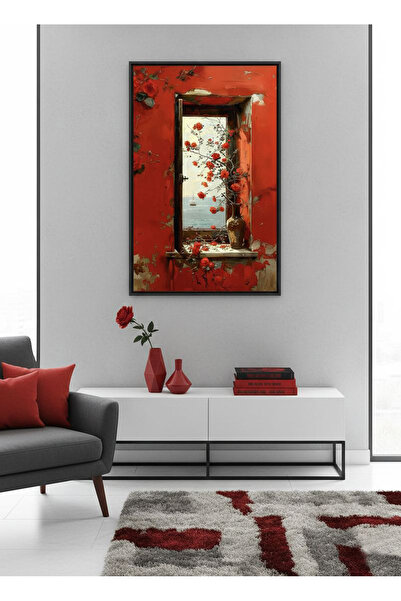 Linacci Single Black Metal Frame Red Window Peace Glass Table Set