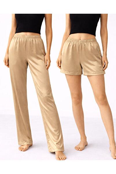 ULKER AYDIN Satin Pajama Bottom Set Pants + Shorts with Elastic Waist |   Sat...