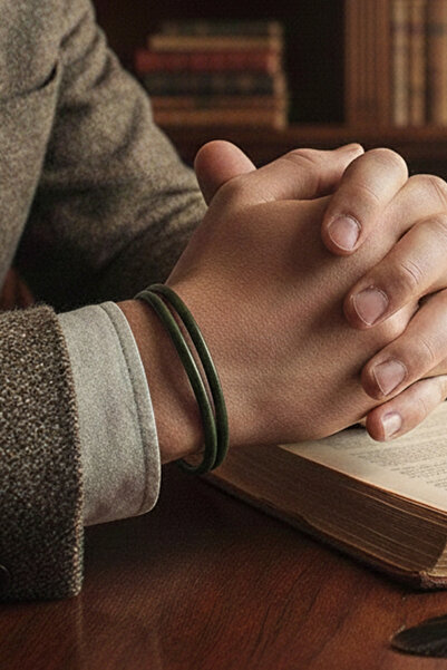 VAOOV Double Row Green Leather Men's Bracelet