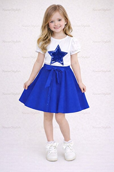 Nacar Kız Çocuk 23 Nisan 29 Ekim Yıldız Tshirt&Düğmeli Double Etek 2'li Alt-Ü...