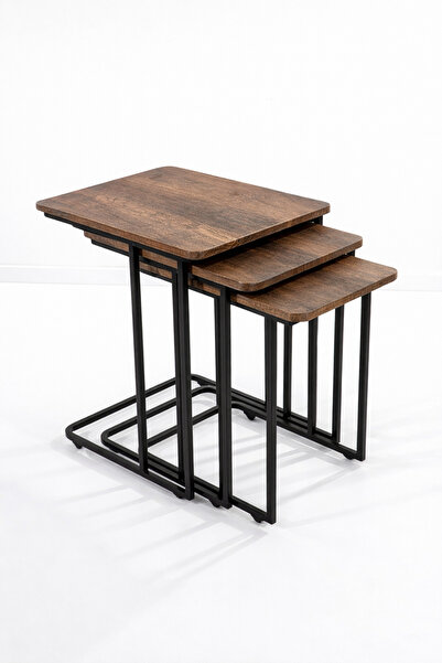 Riyes Tasarım Ahşap 3’lü Tekerlekli Zigon Sehpa Seti – Metal Ayaklı – Modern ...