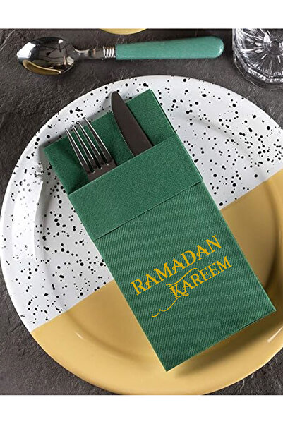 NapkinStore 6 Pieces Ramadan Kareem Green Pocketed Fabric Textured Napkins - ...