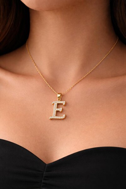 Çeram Çelik E Harfli Gold Zirkon Kolye