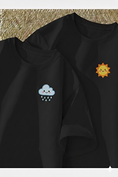 gencerco Sevimli Bulut Ve Güneş Baskılı Premium Oversize T-shirt Çift Kombini...