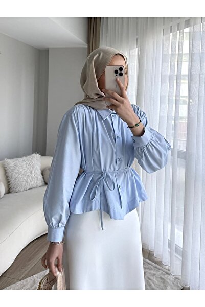 Trenddolabı Kadın Etek Üstü Omuz Büzgülü Tesettür Kısa Gömlek