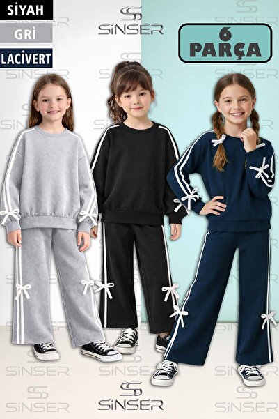 SS SİNSER طقم رياضي للفتيات مكون من 3 قطع بياقة دائرية وتفاصيل فيونكة