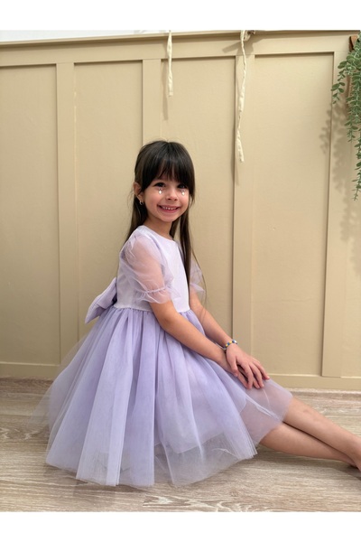 penu baby kids Lila Kısa Balon Tül Kol Altı Tütülü Kız Bebek Elbise - Cinderella