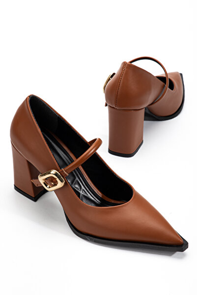 ELEVAM Black Leather Heeled Women's Shoes with Gold Buckle