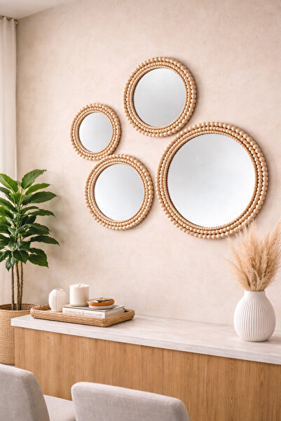 Boncukafası Ahşap Boncuklu Ayna Seti 40-30-25-20 cm Doğal Renk, Ofis Aynası, ...