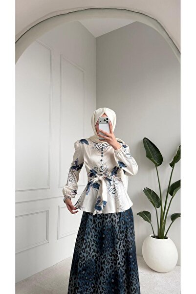 MİREL BUTİK Viral Satin Patterned Double Blouse Skirt Set